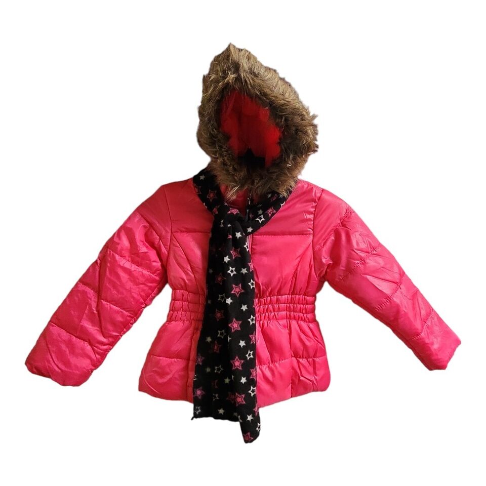 Little Girls Pink Faux Fur Hooded Puffer Jacket w/Scarf Size M