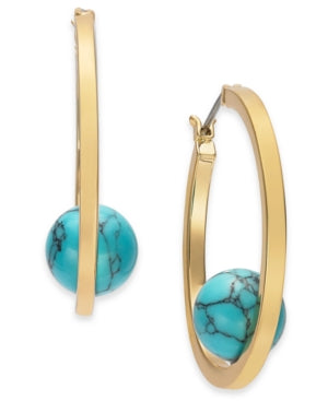 Gold-Tone Medium Stone Ball Hoop Earrings, 1.5"