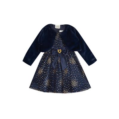 Little Girls Glitter Dot Mesh Dress with Faux Fur Jacket Set