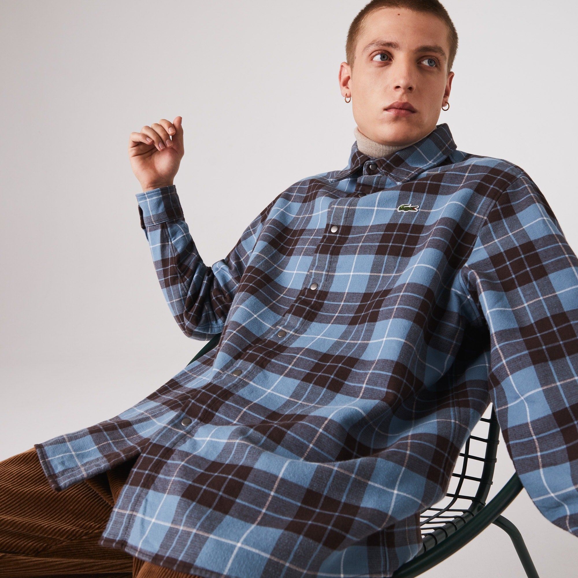 Lacoste Men's Live Checked Flannel Lined Oversized Shirt : Blue / Brown