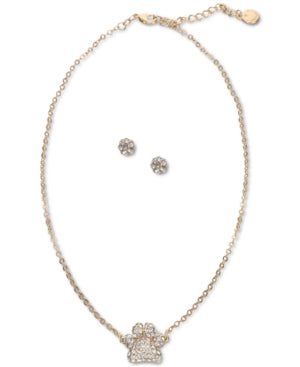 Gold-Tone Pave Paw Pendant Necklace & Stud Earrings Set