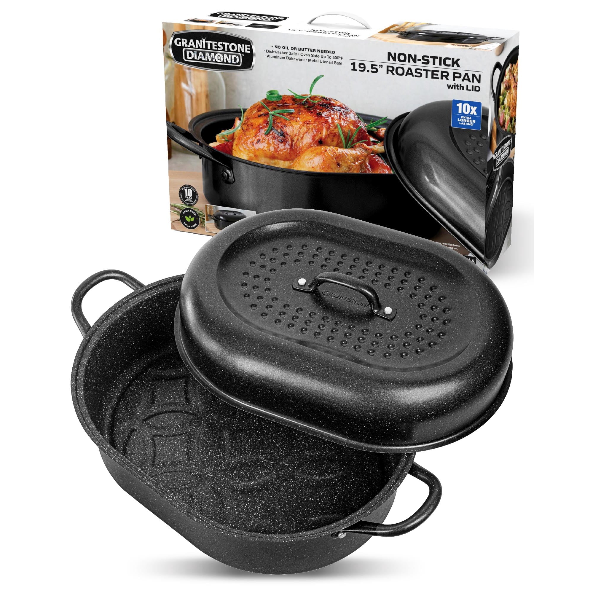 Granitestone Diamond Infused Coating Covered Oval Roasting Pan with Lid, Black