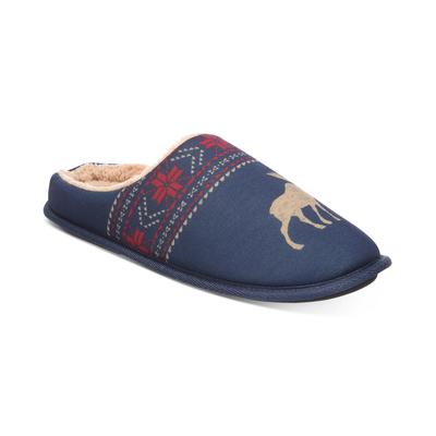 Club Room Mens Moose-Print Fleece Lined Slip-on Slippers Navy Blue S 6-7