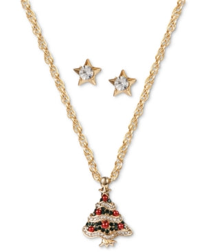 Gold-Tone Crystal & Imitation Pearl Tree Pendant Necklace & Star Stud Earrings Set