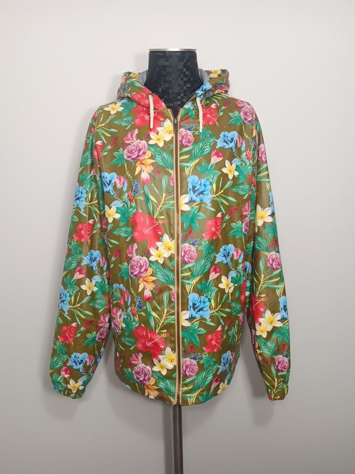 Weatherproof Colorful Tropical Floral Hooded Zip Rain Jacket Size Medium