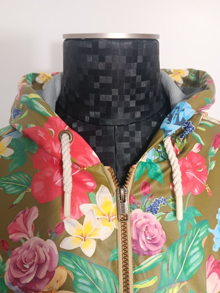 Weatherproof Colorful Tropical Floral Hooded Zip Rain Jacket Size Medium