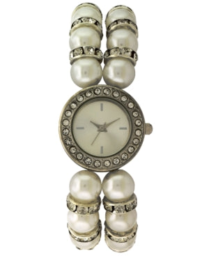 Women's Silver-Tone Crystal & Imitation Pearl Stretch Bracelet Watch 26mm