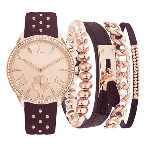 Womens Jessica Carlyle Watch & Bracelet Set, Burgundy/Rose