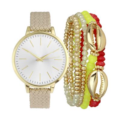 Women's Beige Braided Strap Watch 38m & Bracelet Set