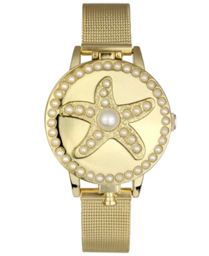 Women's Imitation Pearl Starfish Cover Gold-Tone Mesh Bracelet Watch 32mm